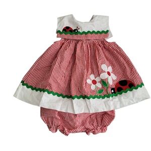 Starting Out Seersucker Red Gingham Ladybug Dress 24 Mos Daisy Flowers Sundress